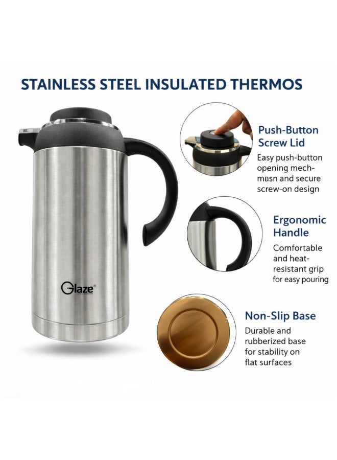 جليز ترمس من الفولاذ المقاوم للصدأ سعة 1.9 لتر، غطاء بزر ضغط، مقبض قوي وقاعدة مانعة للانزلاق، يحافظ على المشروبات ساخنة وباردة، فضي اللون - Image 2